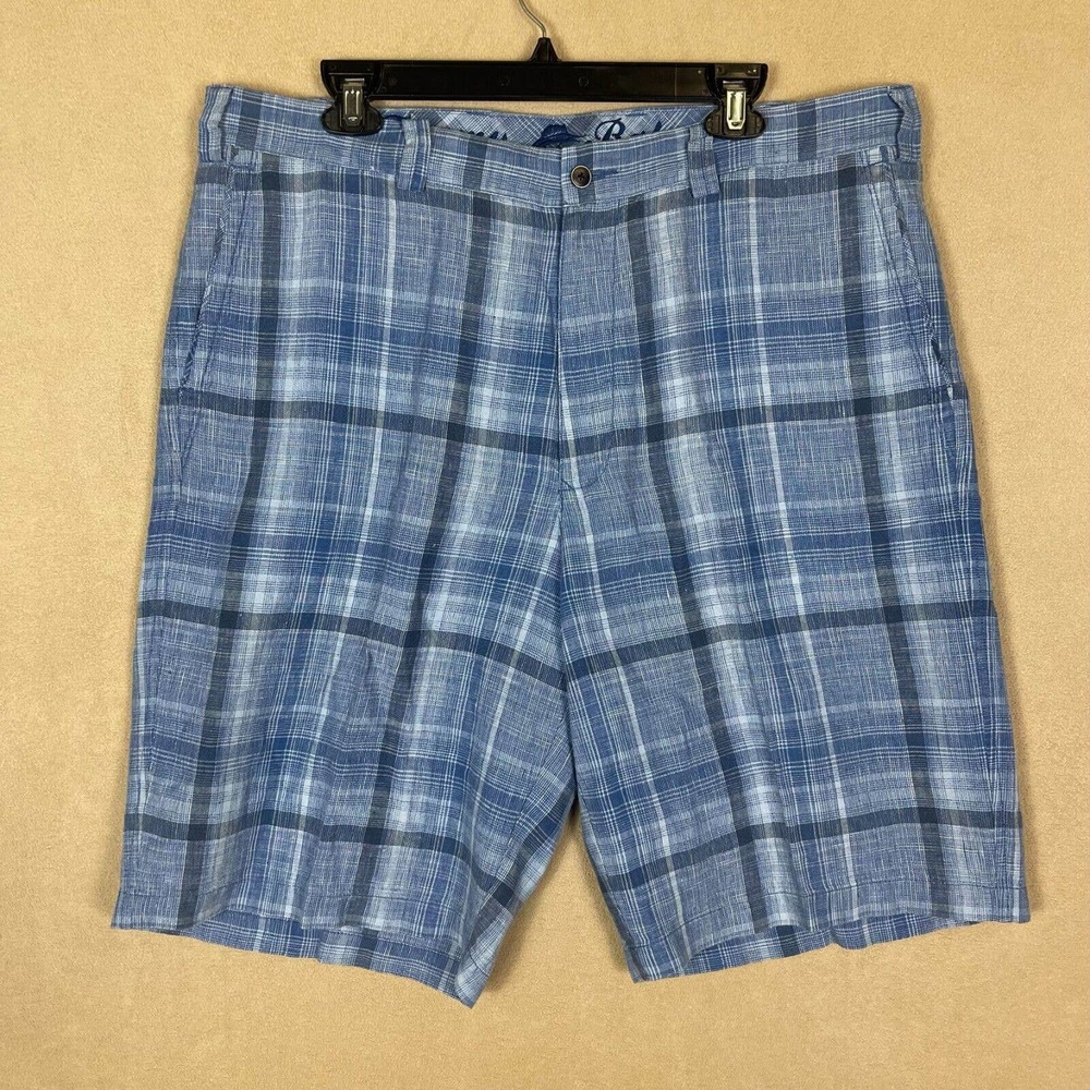 Tommy Bahama Linen Shorts Mens 38 Blue Plaid High Rise Relax Fit 100% Linen